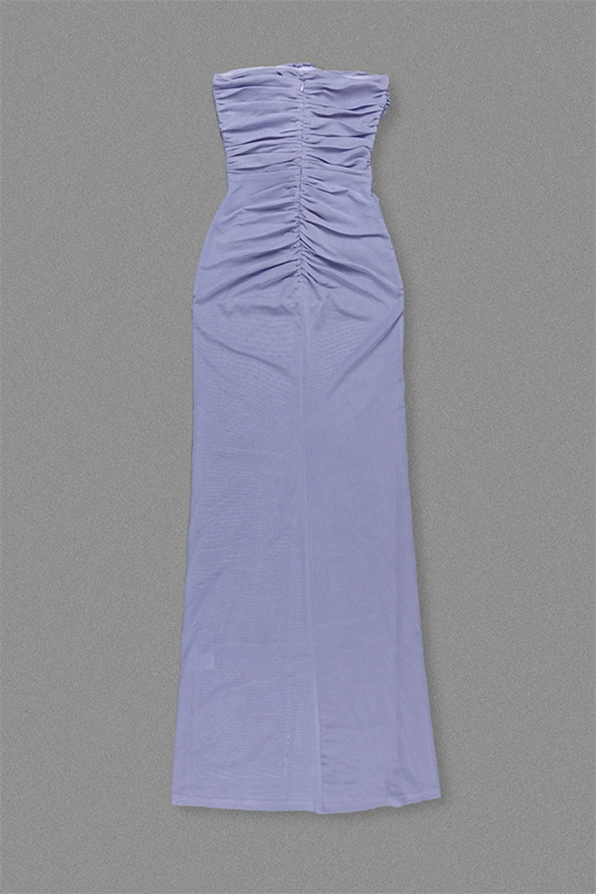 
                      
                        Strapless Periwinkle Rosette Long Dress with Keyhole
                      
                    