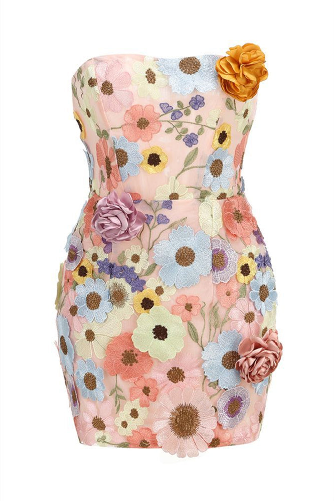 Strapless Pink 3D Floral Embroidery Tight Short Dress