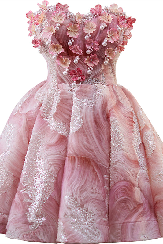 
                      
                        Strapless Pink 3D Floral Short Dress with Beaded
                      
                    