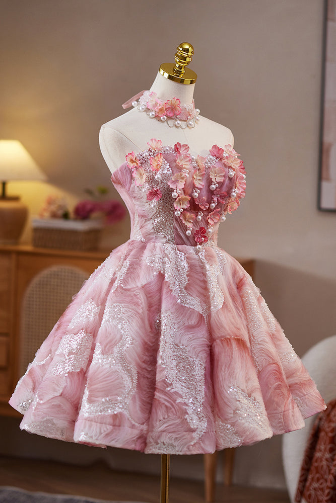 
                      
                        Strapless Pink 3D Floral Short Dress with Beaded
                      
                    