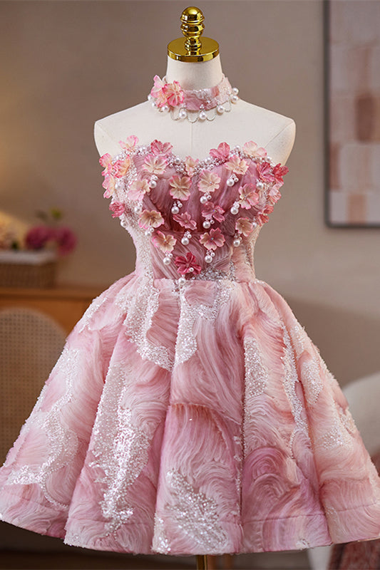 Strapless Pink 3D Floral Short Dress with Beaded