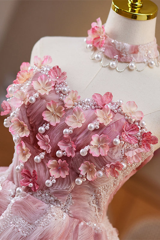 
                      
                        Strapless Pink 3D Floral Short Dress with Beaded
                      
                    