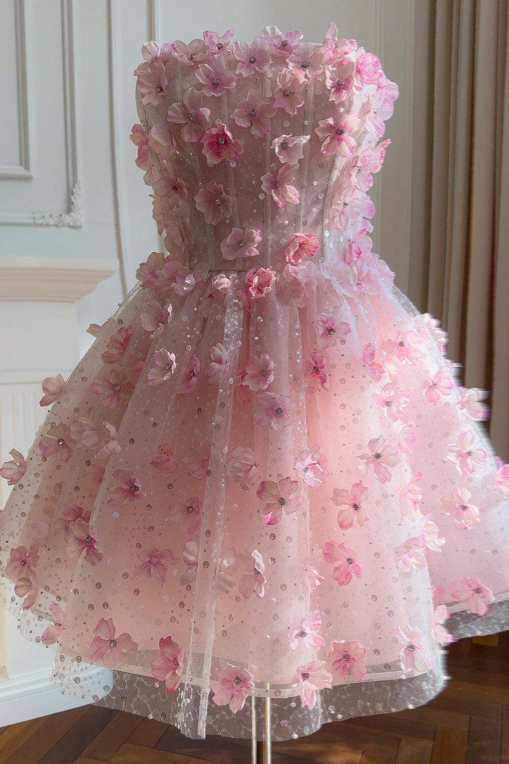Strapless Pink 3D Floral Tulle Short Dress
