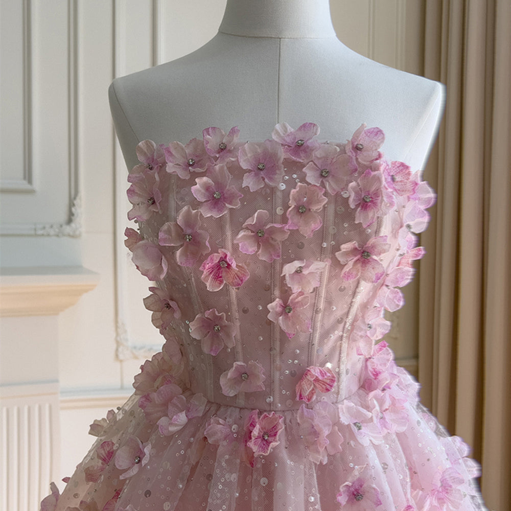 
                      
                        Strapless Pink 3D Floral Tulle Short Dress
                      
                    