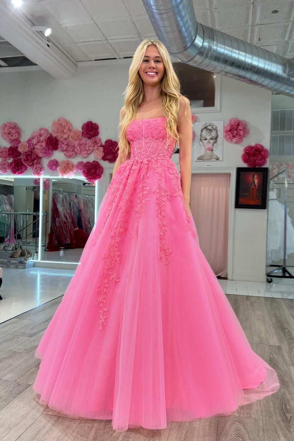 Strapless Hot Pink Appliques A-line Long Tulle Dress