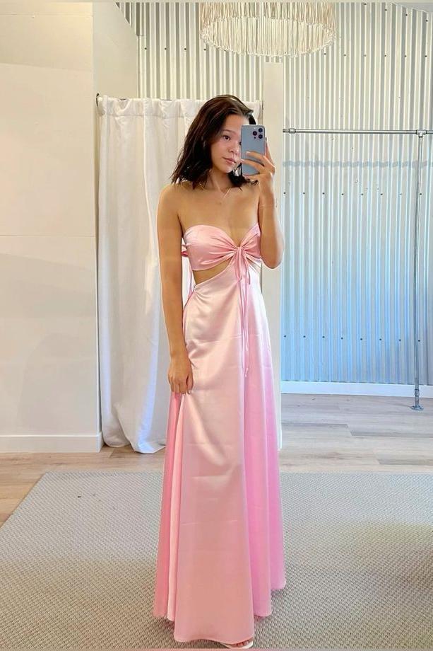 Strapless Pink Back Tie A-line Long Dress