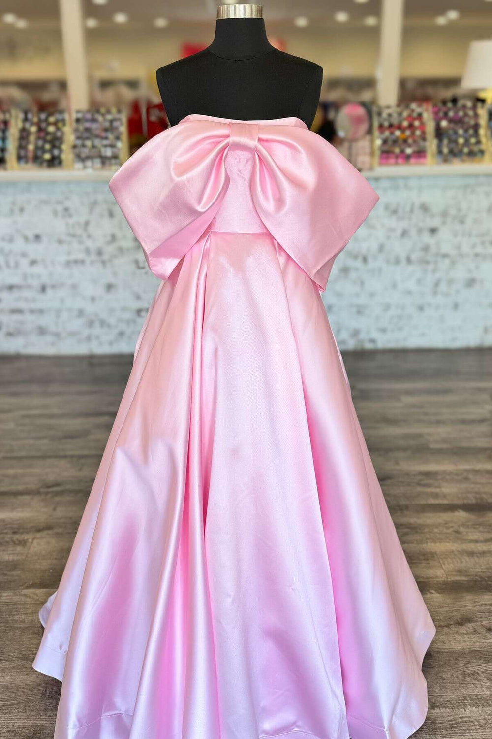 Strapless Pink Bow A-line Satin Long Dress