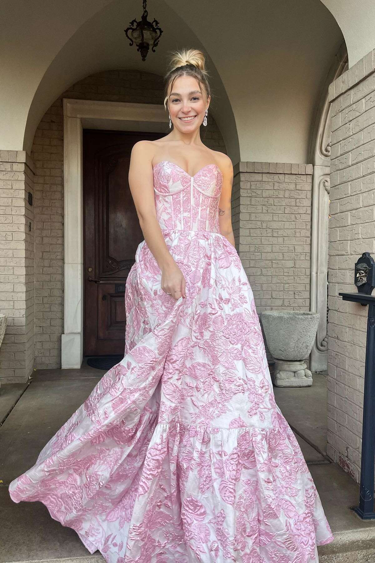 Strapless Pink Floral A-line Long Formal Dress – PollyBoutique