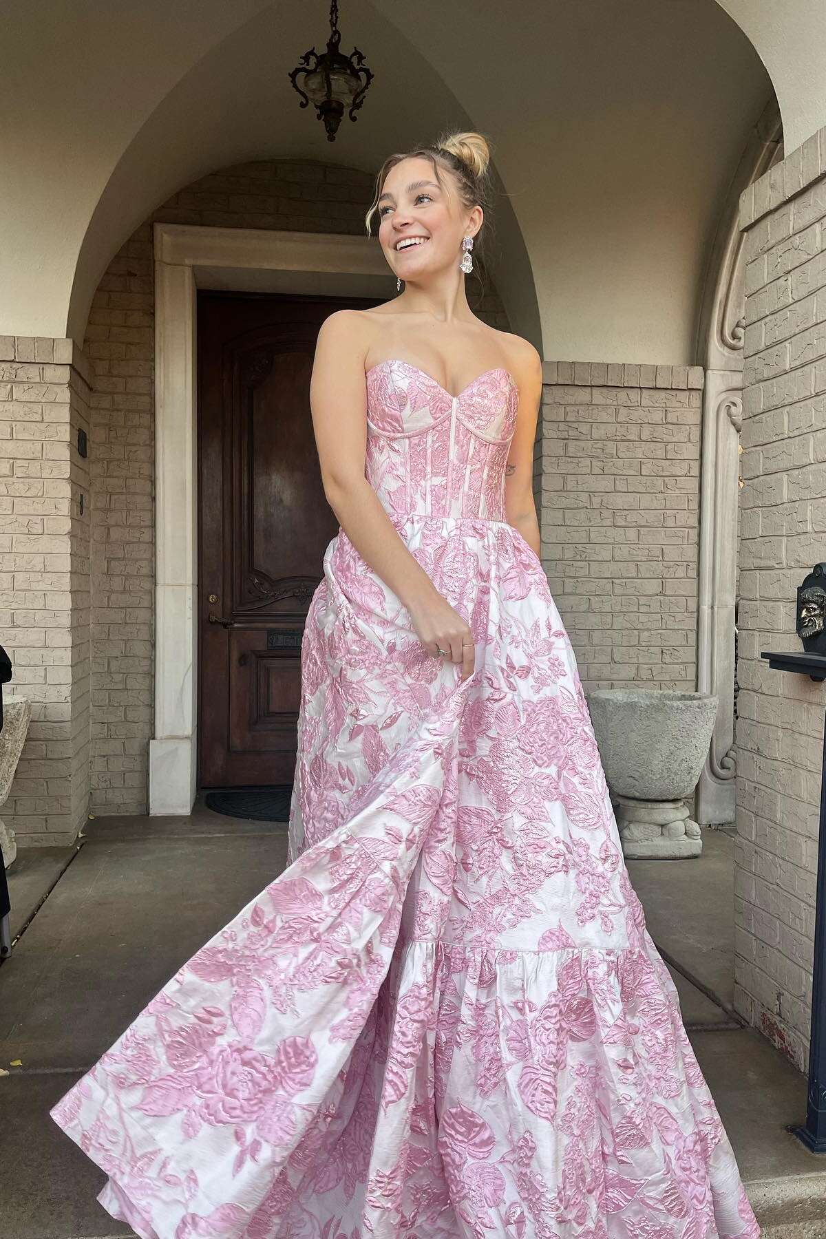 Strapless Pink Floral A-line Long Formal Dress – PollyBoutique