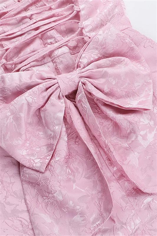 
                      
                        Strapless Pink Floral Print Short Dress with Bow
                      
                    