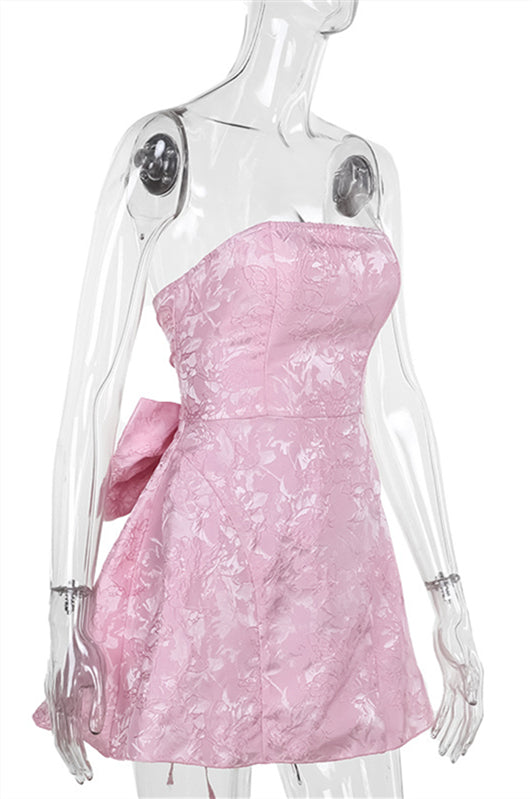 
                      
                        Strapless Pink Floral Print Short Dress with Bow
                      
                    