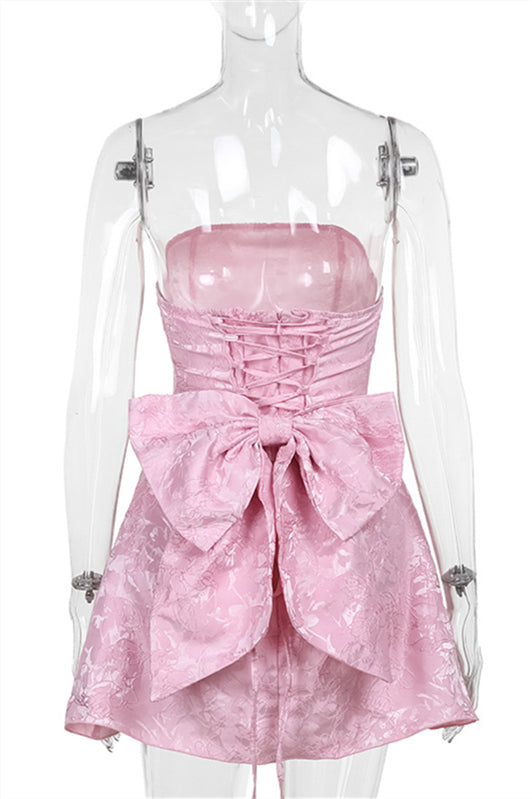 
                      
                        Strapless Pink Floral Print Short Dress with Bow
                      
                    