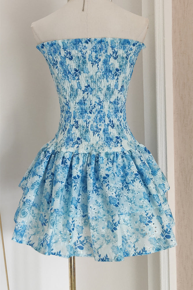 
                      
                        Strapless Pink Floral Print Tiered Short Dress
                      
                    