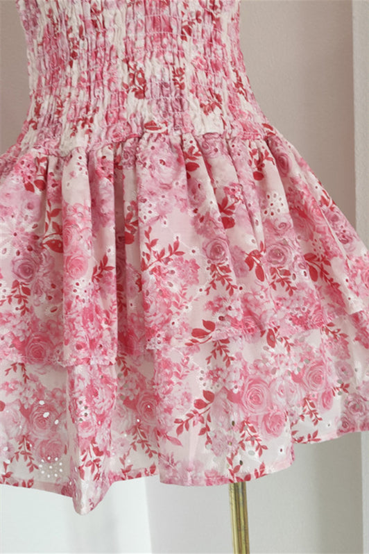 
                      
                        Strapless Pink Floral Print Tiered Short Dress
                      
                    