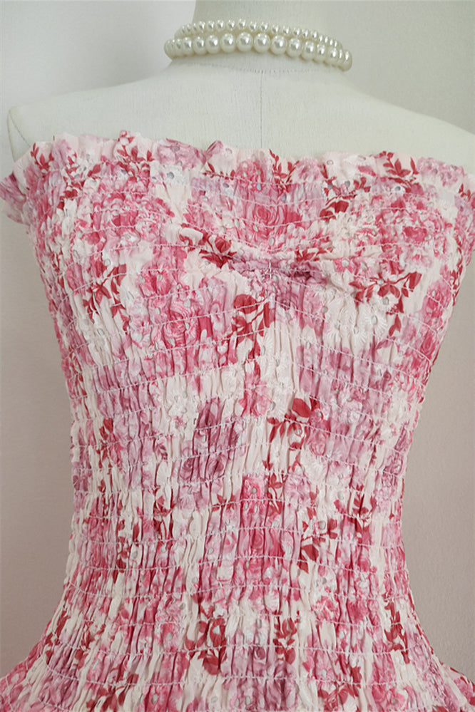 
                      
                        Strapless Pink Floral Print Tiered Short Dress
                      
                    