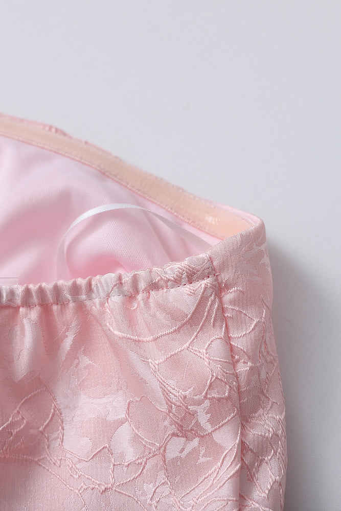 
                      
                        Strapless Pink Floral Short Dress with Side Train
                      
                    