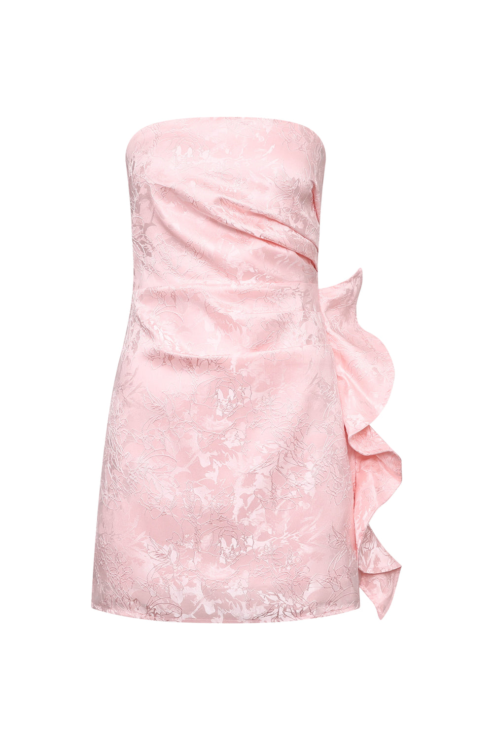 Strapless Pink Floral Short Dress with Side Train