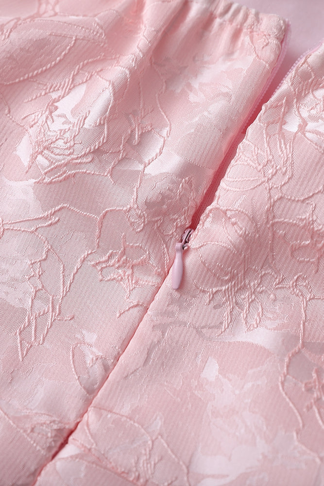 
                      
                        Strapless Pink Floral Short Dress with Side Train
                      
                    