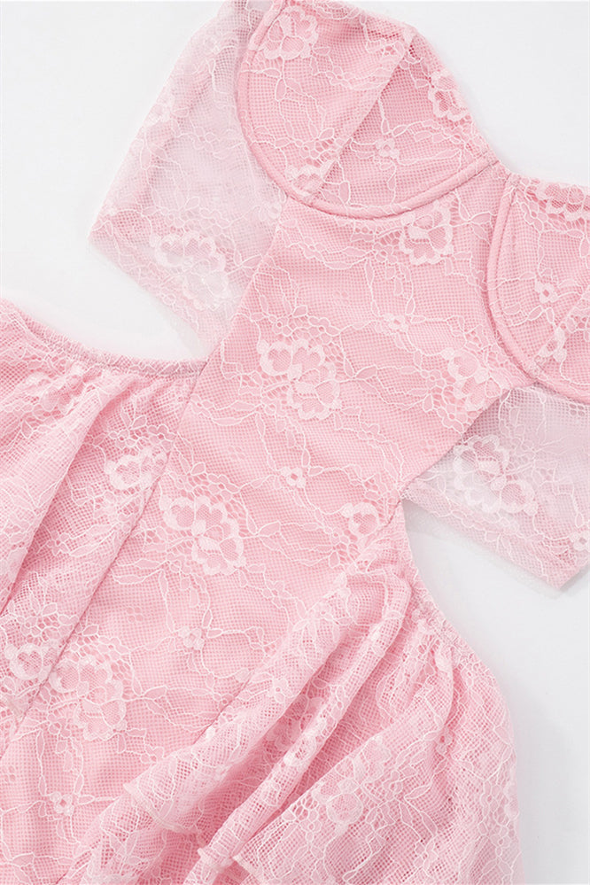 
                      
                        Strapless Pink Lace Short Dress with Cut-out
                      
                    