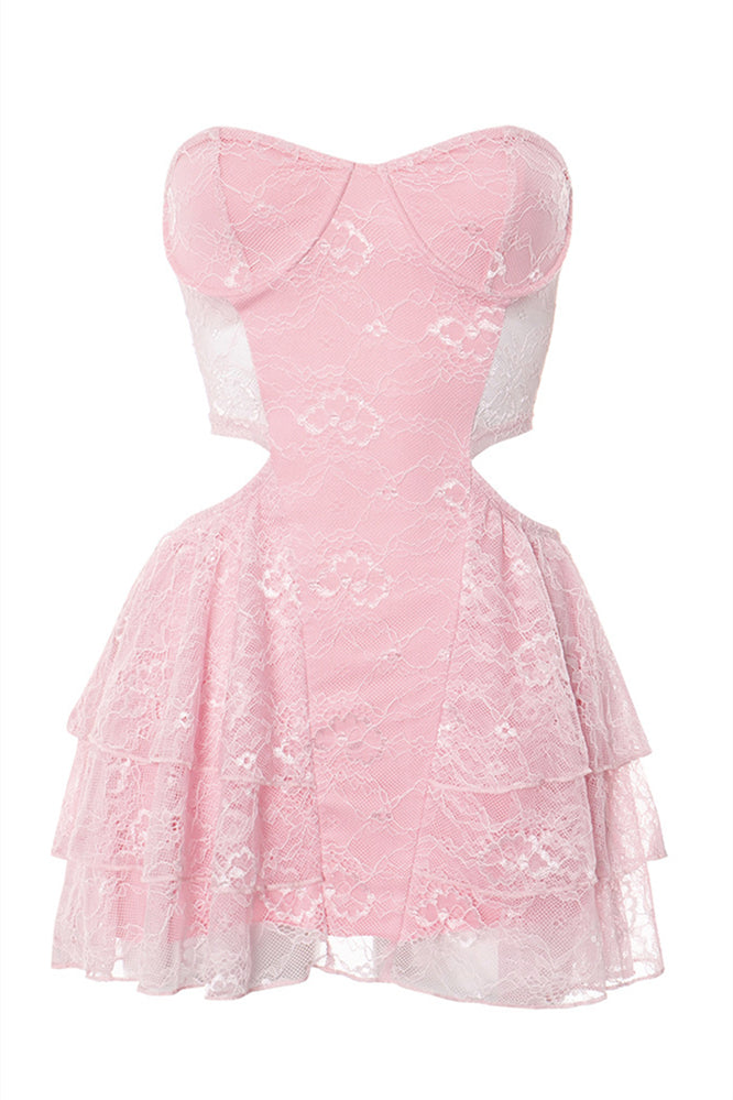 Strapless Pink Lace Short Dress with Cut-out