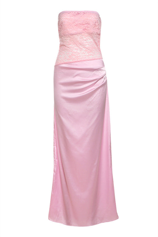 Strapless Pink Lace Stitching Maxi Dress
