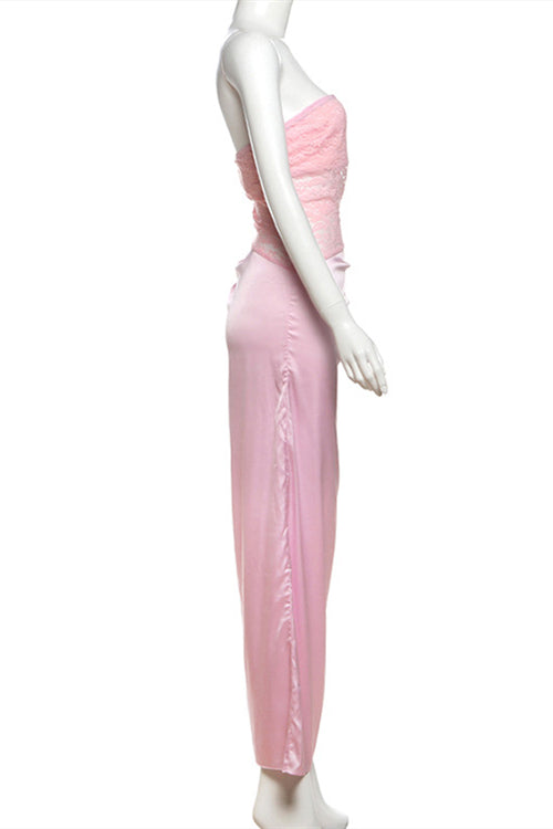 
                      
                        Strapless Pink Lace Stitching Maxi Dress
                      
                    
