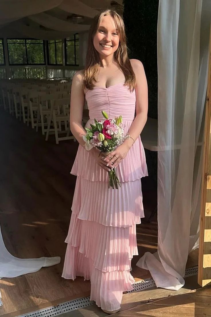 Strapless Pink Pleated Tiered A-line Long Dress