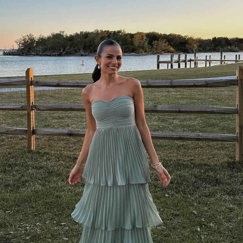 
                      
                        Strapless Pink Pleated Tiered A-line Long Dress
                      
                    