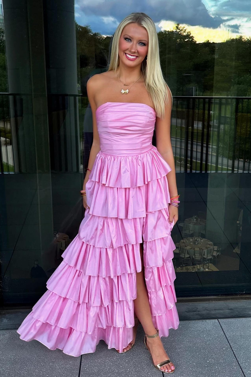 Strapless Pink Pleated Tiered Long Dress with Slit