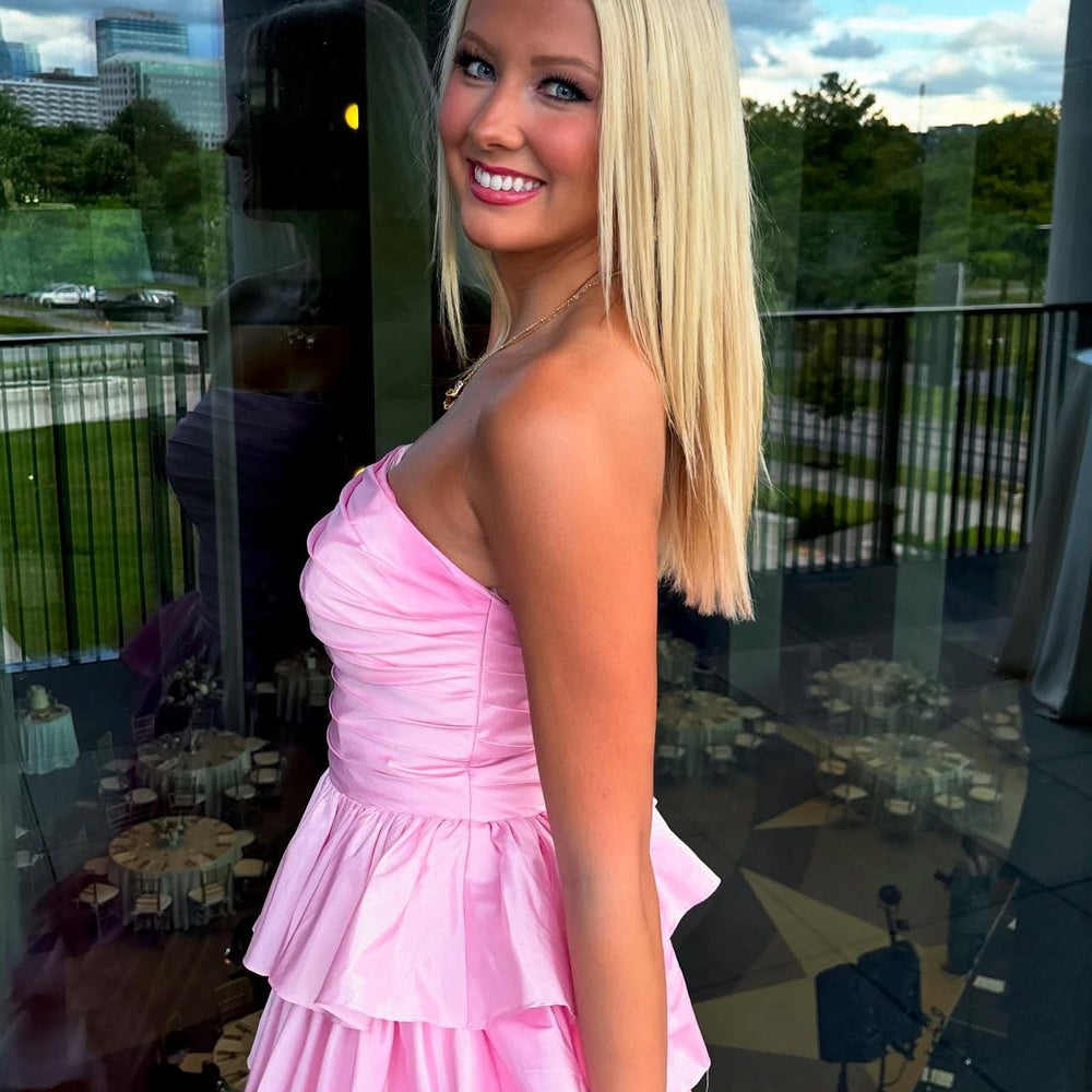 
                      
                        Strapless Pink Pleated Tiered Long Dress with Slit
                      
                    