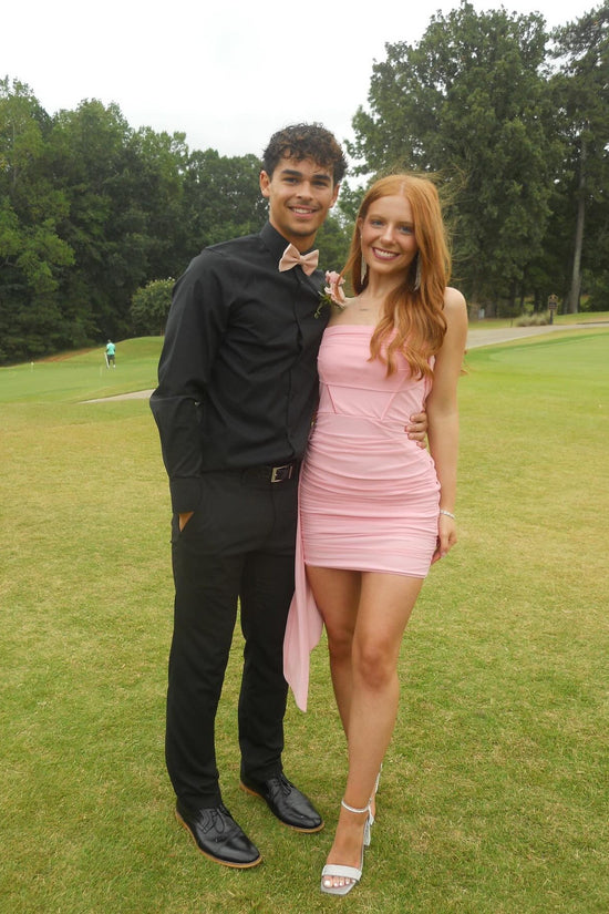 V-neck Bright Pink Ruched Bodycon Short Dress