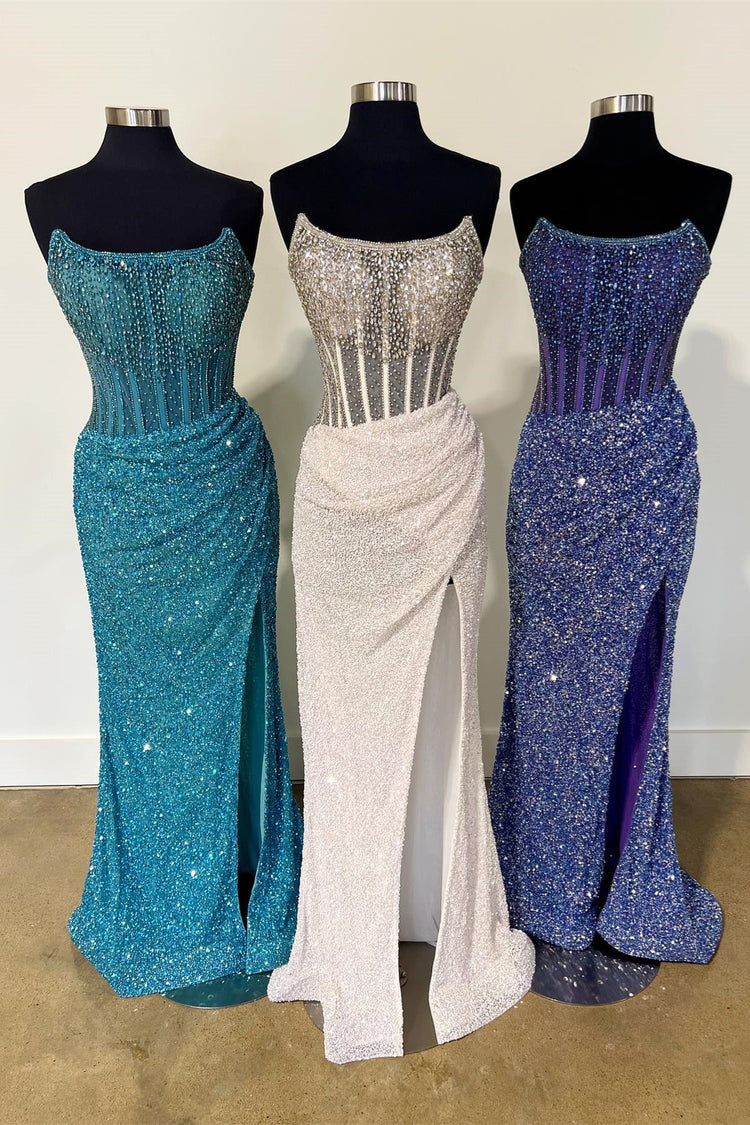 Sparkly Sequin Lace Up Back Long Evening Dress with Split in Pink main image 0