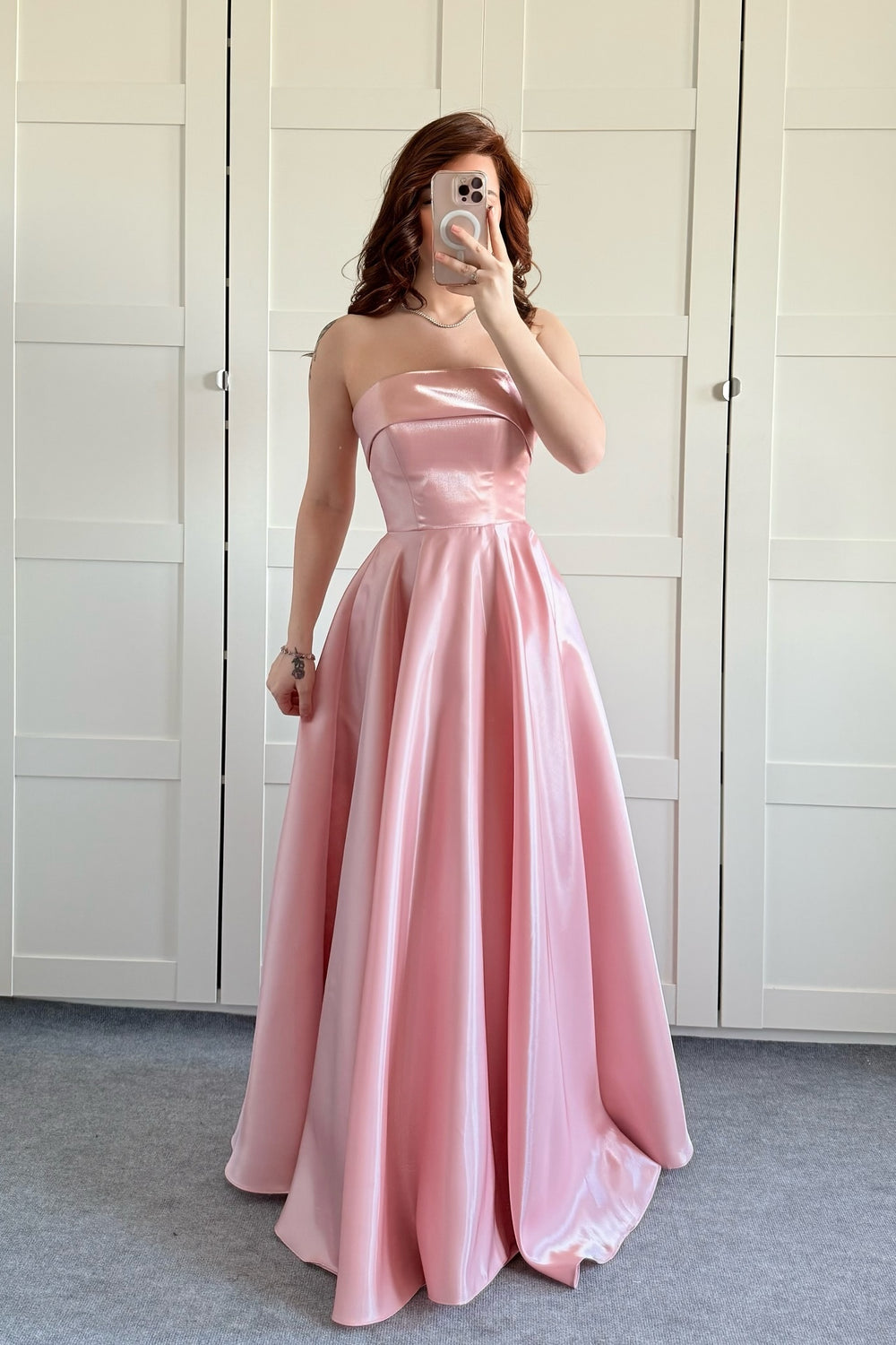 Strapless Pink Simple A-line Satin Long Dress