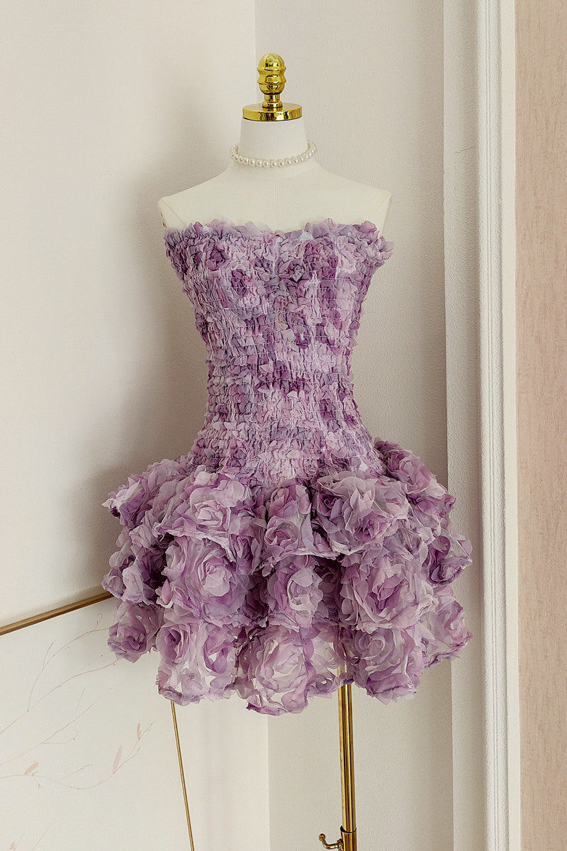 Strapless Purple 3D Floral Tiered Short Dress