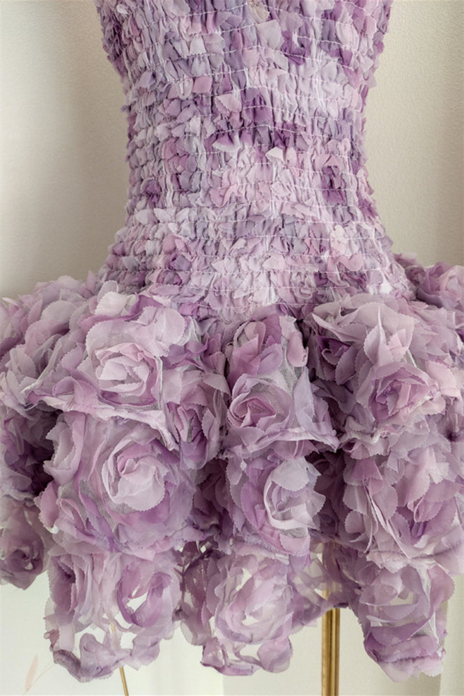 
                      
                        Strapless Purple 3D Floral Tiered Short Dress
                      
                    