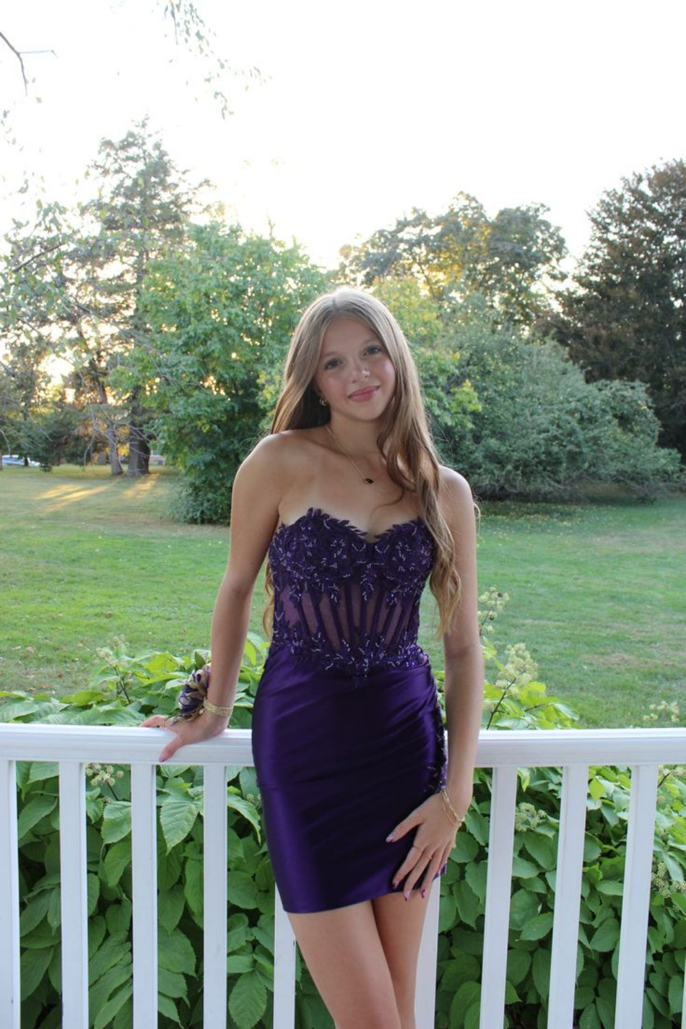 Strapless Purple Beaded Sheer Corset Short Dress