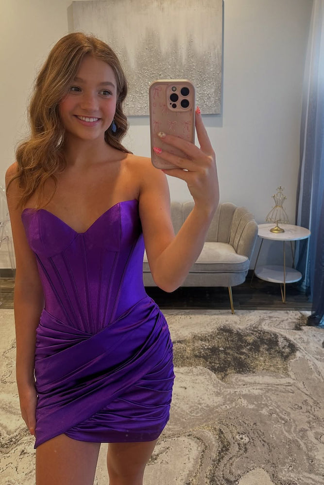 
                      
                        Strapless Purple Pleated Bodycon Short Dress
                      
                    