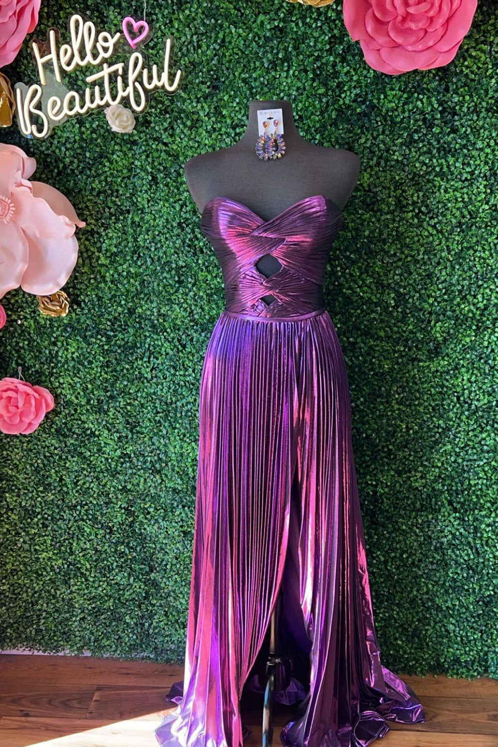 Strapless Purple Pleated Metallic Long Dress with Slit