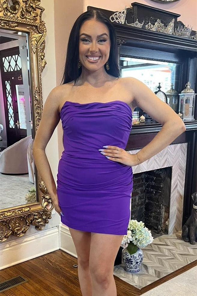 Strapless Purple Ruched Tight Short Dress