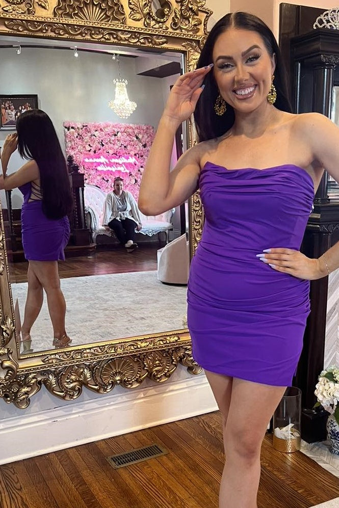 
                      
                        Strapless Purple Ruched Tight Short Dress
                      
                    
