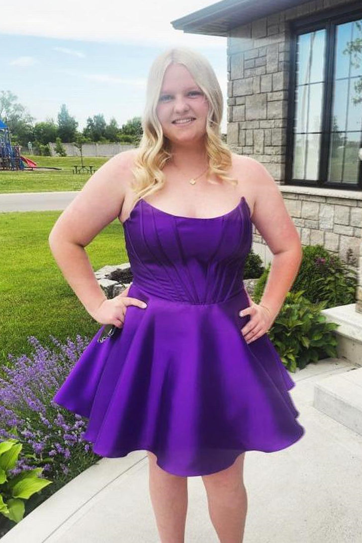 Strapless Purple Satin A-line Short Dress