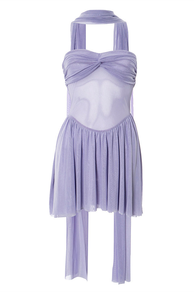 Strapless Purple Twist Short Dress with Scarf