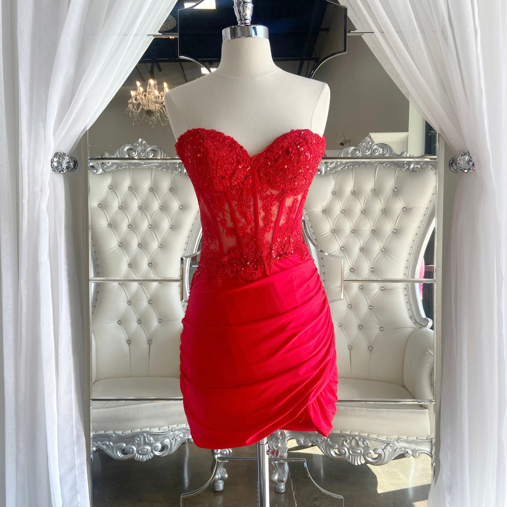 Strapless Red Appliques Ruched Bodycon Short Dress – PollyBoutique