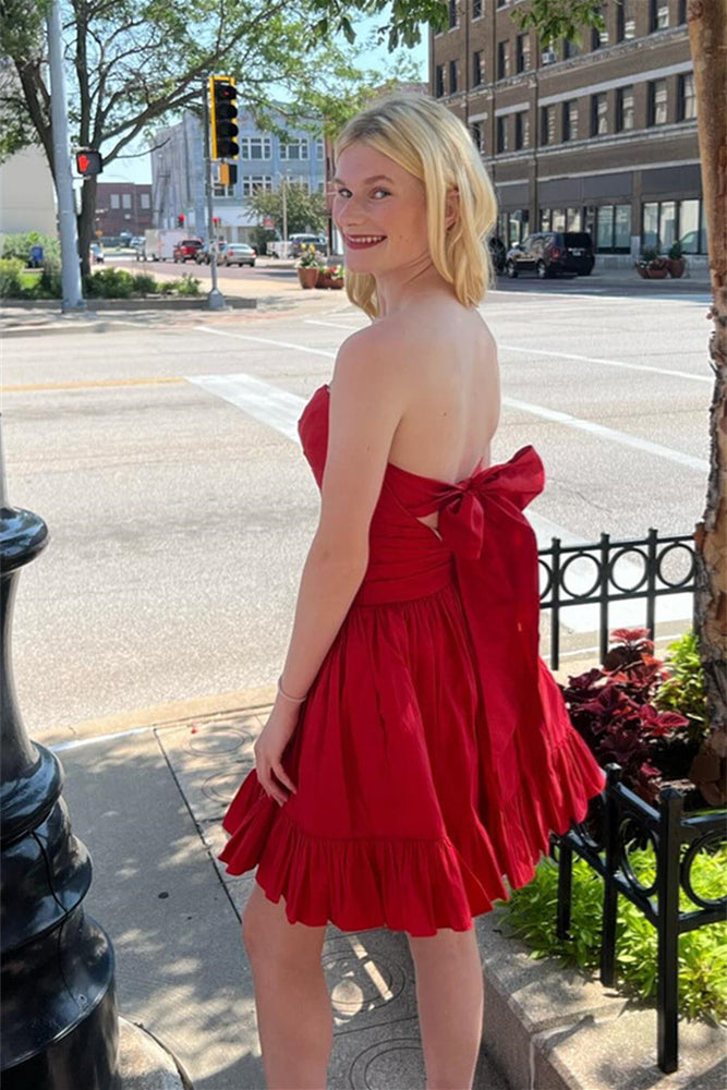 
                      
                        Strapless Red Back Tie Ruched Taffeta Short Dress
                      
                    