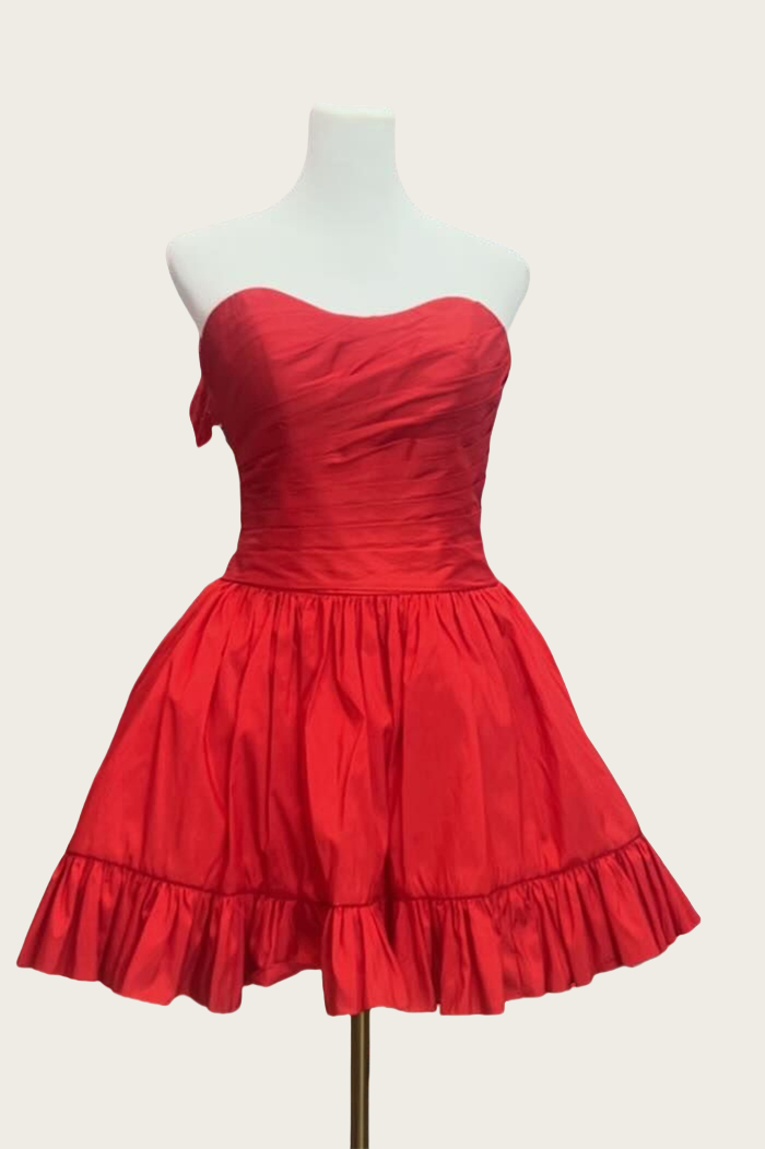 Strapless Red Back Tie Ruched Taffeta Short Dress