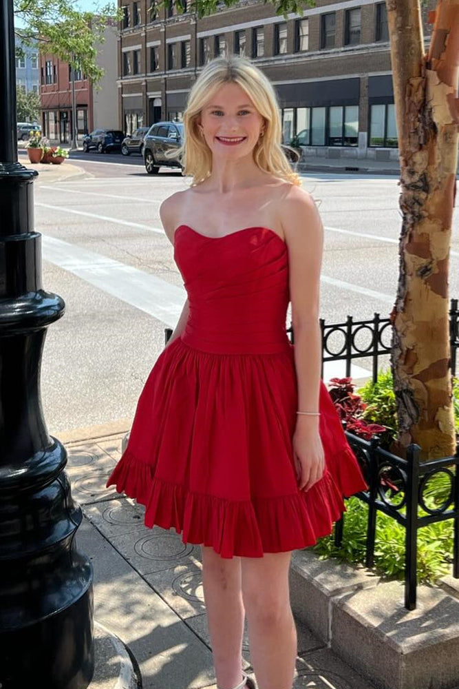 
                      
                        Strapless Red Back Tie Ruched Taffeta Short Dress
                      
                    