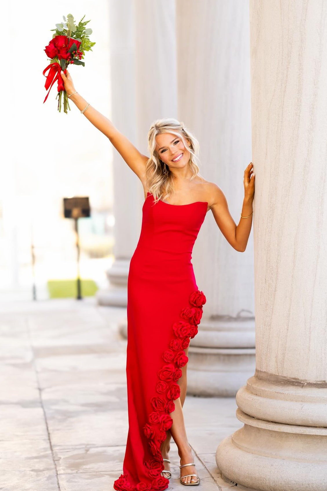 Strapless Red Rosette Appliques Long Dress with Slit – PollyBoutique