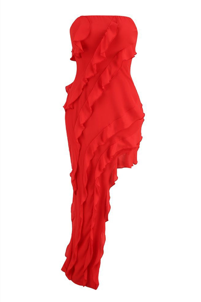 Strapless Red Ruffle Hem Midi Dress with Slit