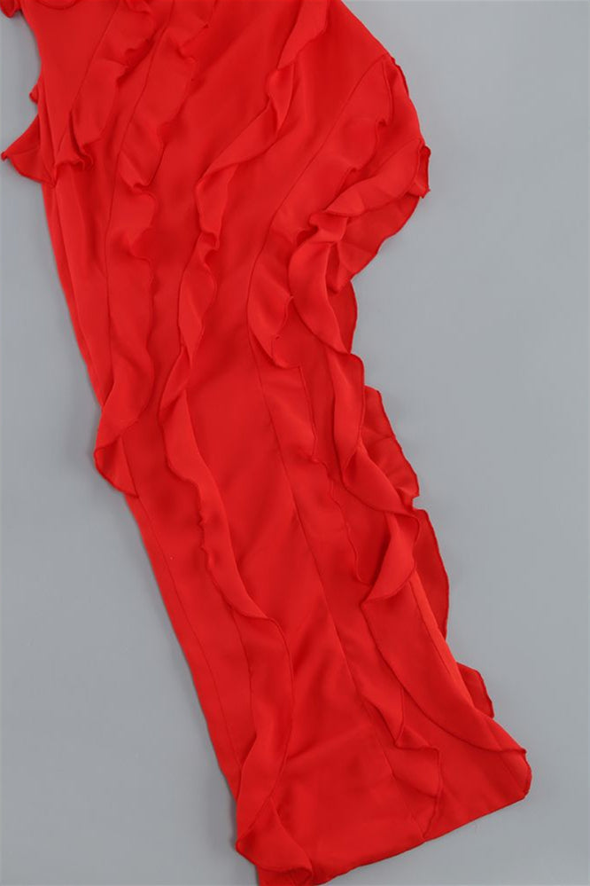 
                      
                        Strapless Red Ruffle Hem Midi Dress with Slit
                      
                    