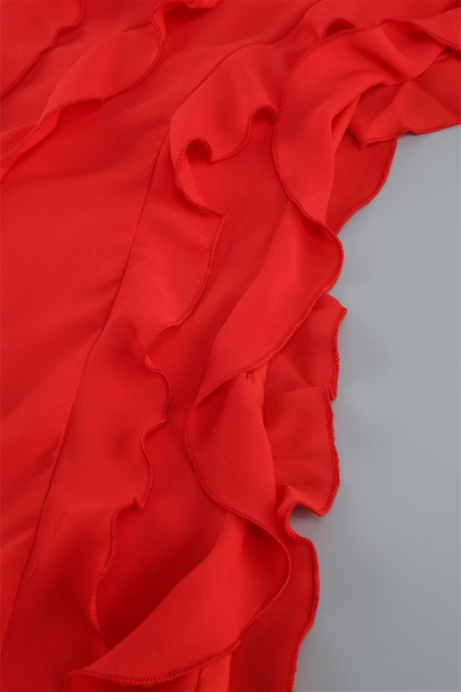 
                      
                        Strapless Red Ruffle Hem Midi Dress with Slit
                      
                    